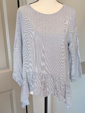 Striped Blue and White Ruffle Hem Blouse